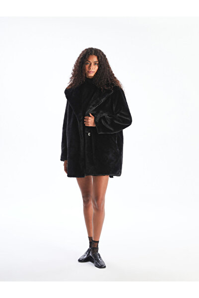 LC Waikiki Xside Black Jacket Collar Women's Plush Coat