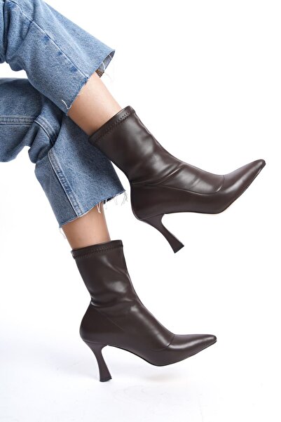 MODAADAM Γυναικείες μπότες Lopez Stretch με μυτερή μύτη με τακούνι - Καφέ-Δερμάτινο