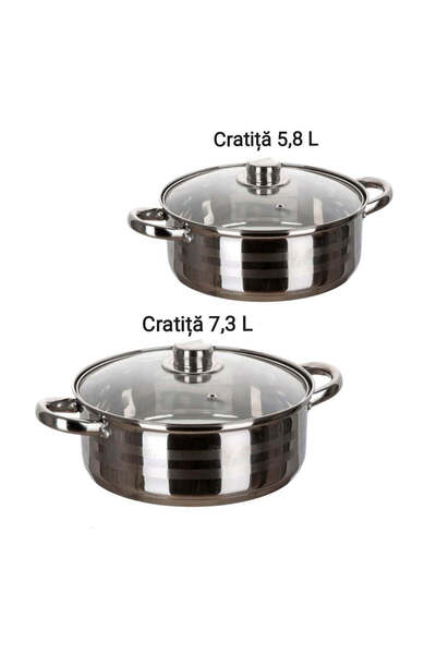 dealshopromania Set of 2 Stainless Steel Low Pots with Lids 5.8 and 7.3 Liter...