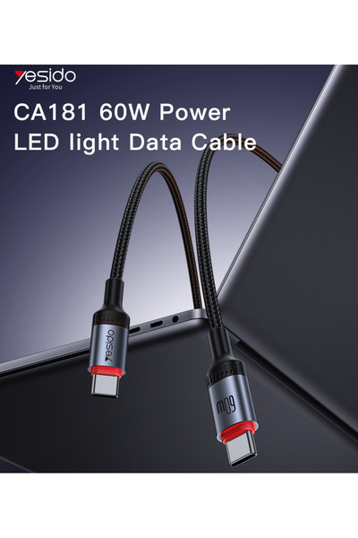Yesido CA181 1.2M PD 60W Fast Charging Type-C to Type-C Braided Data Cable with Power LED
