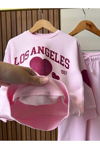 Magu Girl's Cotton Pink Oversized Heart Sweatshirt and Wide Leg Sweatpants Set