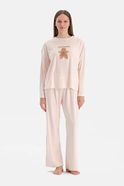 Dagi Light Pink Embroidered Velvet T-Shirt Pants Pajama Set