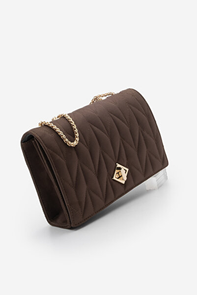 Marjin Γυναικεία τσάντα ώμου σε χρυσό χρώμα με χρυσή αλυσίδα Delbin καφέ σουέντ