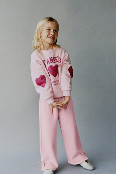 Magu Girl's Cotton Pink Oversized Heart Sweatshirt and Wide Leg Sweatpants Set