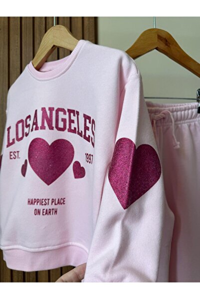 Magu Girl's Cotton Pink Oversized Heart Sweatshirt and Wide Leg Sweatpants Set
