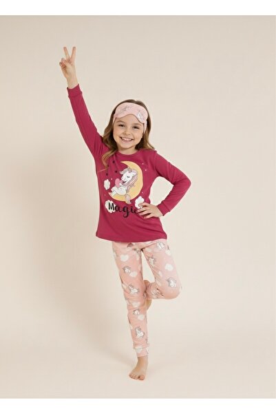 Beka Kids Crew Neck Trousers Patterned Transitional Girls Pajama Set and Eye Patch