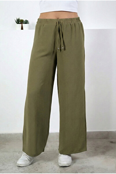 nacar çarşı بنطلون نسائي كاكي بخصر مطاطي وأربطة واسعة الساق من نوع أيروبين