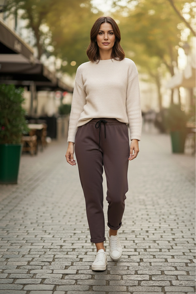 Sy & Black Kadın Çelik Örgü Beli Lastikli ve Bağcıklı Geniş Beden Aralıklı Jogger Pantolon 25P-03 Fü