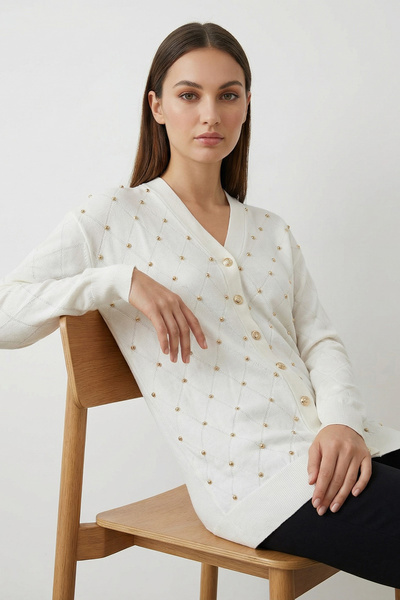 Giyim Dünyası Kadın Merserize Baklava Desen Hırka Ekru