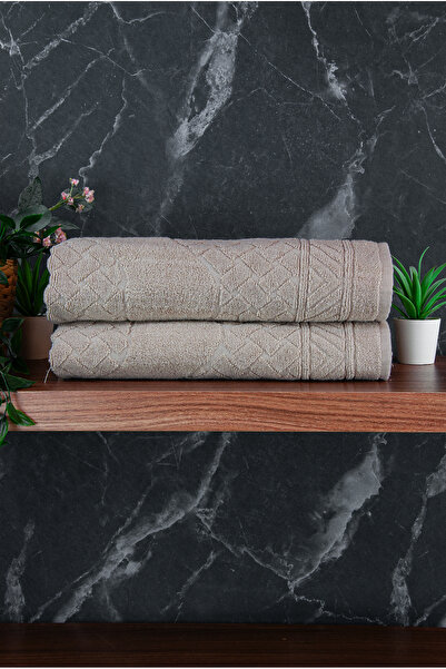 ihvan online Footprint Patterned 2-Piece Foot Towel - 50X70 cm - Water Absorbent Bath Mat Set - Cream