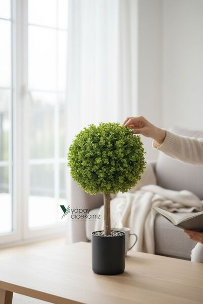 YAPAY ÇİÇEKÇİNİZ Siyah Renkli Saksıda Yoğun Yapraklı 65 Cm Yapay Top Şimşir A...