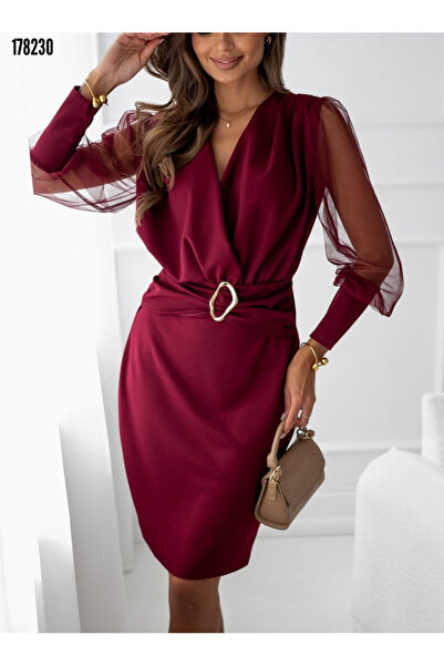 Modayakamoz Yeni Sezon Kadın Mini Abiye Kruvaze Yaka İthal Krep Uzun Kollu Ke...