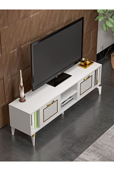Kanonik Education Tv Sehpası Tv Ünitesi Beyaz Gold 160 Cm Linya 5042