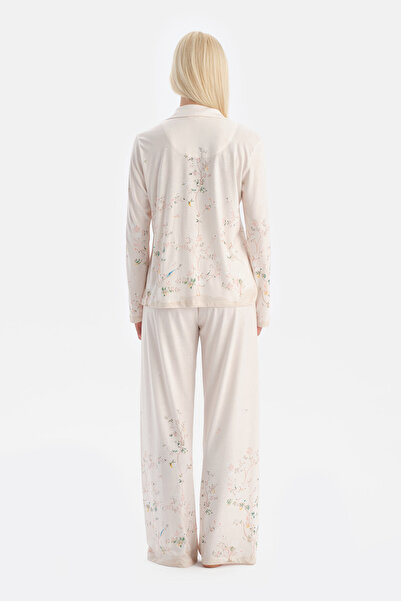 Dagi Ecru Floral Patterned Shirt and Pants Set