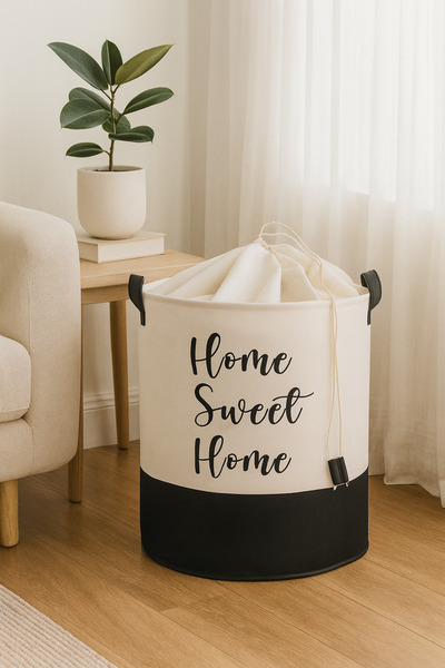 HomyJRs White Fabric Mesh Home Sweet Home Printed Multi-Purpose, Decorative Toy Basket