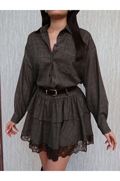 ESRAHELVACI Lace Detail Plaid Pattern Skirt Shirt Set