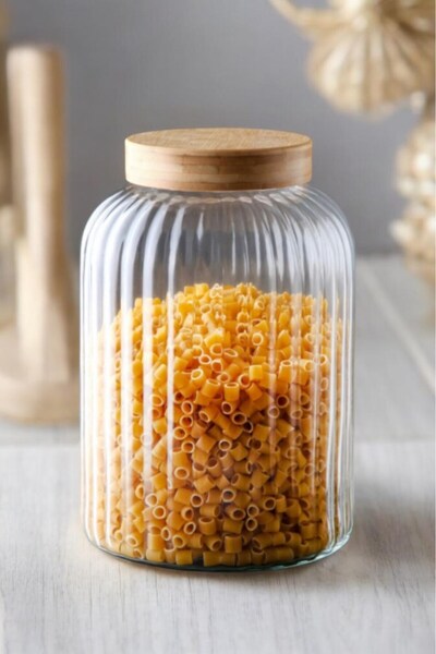 Qerhome Glass Striped Food Jar with Bamboo Lid 2900 ml