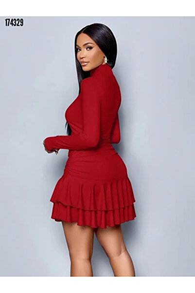 moda wanilia Women's Stylish Sandy Dress – New Season with Mini Cut, Turtleneck and Ruffle Detail