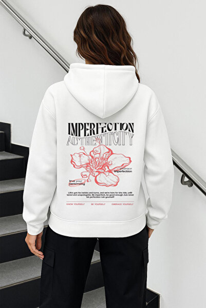 Rivox سويت شيرت أبيض للجنسين بغطاء رأس قصة فضفاضة عيب مطبوع