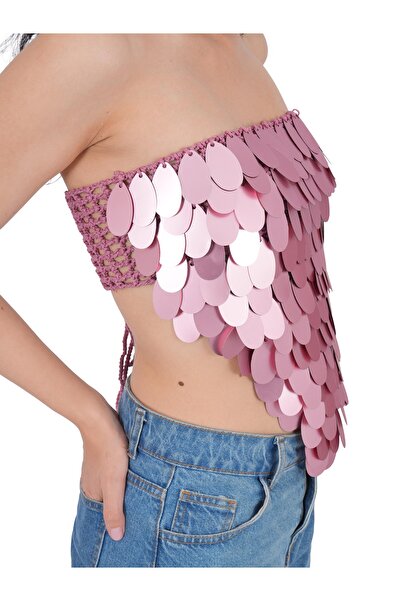 Craft By Mine El Yapımı Gül Kurusu Straplez Damla Payetli Büstiyer – Örgü Bra...