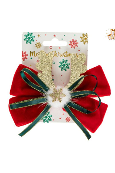 Josellini Kırmızı Fiyonk & Altın Simli Saç Klipsi – 12 cm | Yılbaşı Aksesuarı
