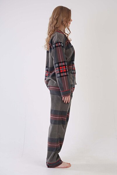 VİENETTA Women's Fleece Anthracite Pajama Set – Button Front, Plaid Pattern C2T9N0013