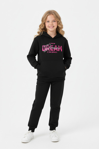 panios kids Σετ κοριτσίστικη φόρμα με κουκούλα με 3 νήματα, χειμερινή τσέπη καγκουρό, λεπτομέρεια εκτύπωσης Dream