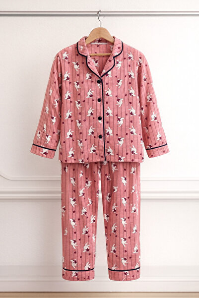 Beka Kids Rabbit and Cat Patterned Long Sleeve Buttoned Front Shirt Collar Girls Pajama Set 100% Cotton