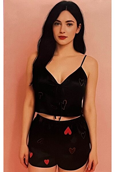 Nightlight طقم بيجامة نسائي من الفسكوز مع شورت وحمالات ونقش على شكل قلب