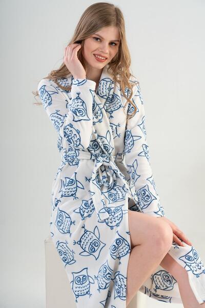 VİENETTA Women's Fleece Shawl Collar Dressing Gown – Owl Patterned White Model C8T2N0102