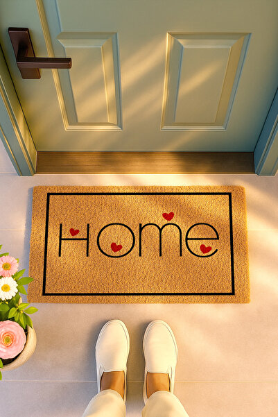 Sepetorium Home Yazılı Kalpli Coco Kapı Önü Paspası Kaydırmaz Tabanlı