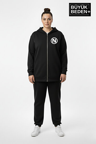 Superlife Women's Plus Size Hooded Zippered N Printed Sweatshirt Cardigan Spr26Bhrk922