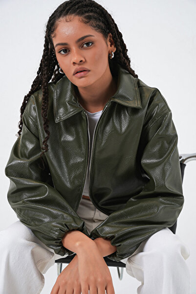 Bigdart Jachetă din piele artificială supradimensionat pentru femei 1049 - kaki