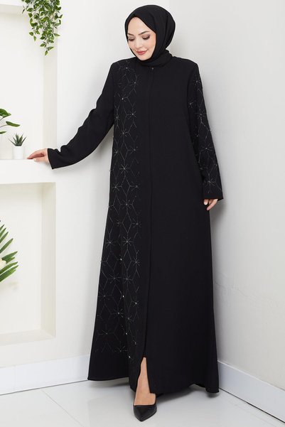 hafsamina Hidden Placket Half Embellished Abaya Black HM2860
