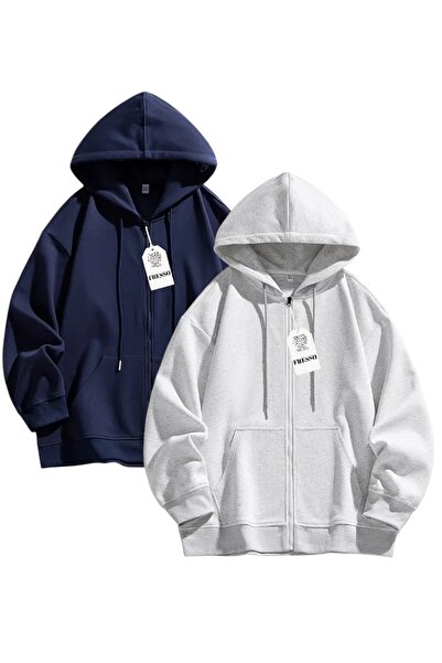 FRESSO 2'li Kanguru Cepli Fermuarlı İki İplik Unisex Şardonlu Sweatshirt / Hırka