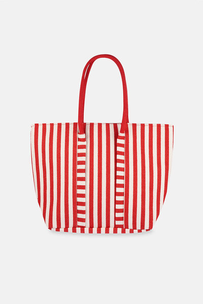 Dagi Ecru-Red Women's Striped Canvas Beach Bag