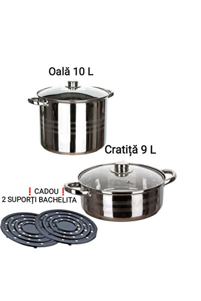 dealshopromania Set de oală din oțel inoxidabil de 10 litri și cratiță din oțel inoxidabil de 9 litri cu capac inferior multistrat