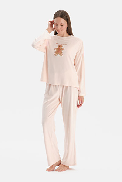 Dagi Light Pink Embroidered Velvet T-Shirt Pants Pajama Set