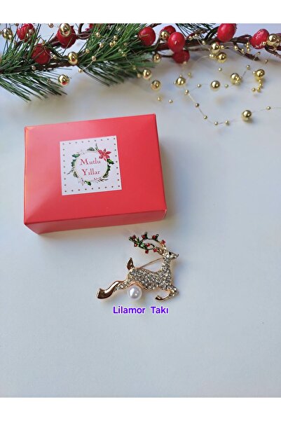 Lilamor İnci Detaylı Taşlı Geyik Broş