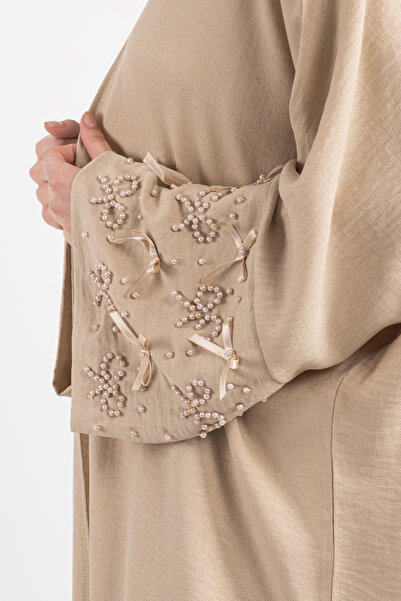 Hatun Atila Long Kimono Pants Set with Beads and Ribbon Detail 5149 - Beige