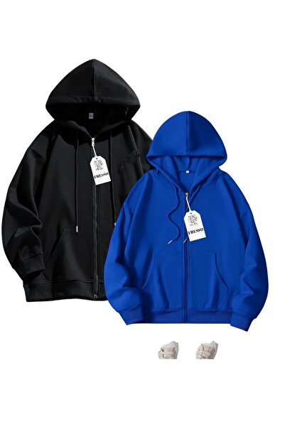 FRESSO 2'li Kanguru Cepli Fermuarlı İki İplik Unisex Şardonlu Sweatshirt / Hırka