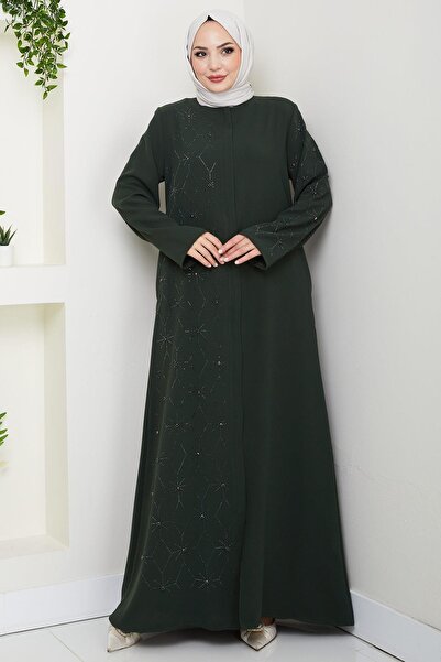 hafsamina Half Stone Ferace with Hidden Patlı Khaki Hm2860
