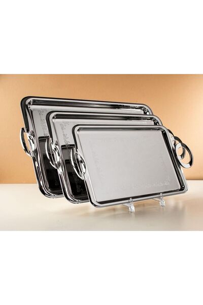 TOHFAT-AL MAIDAH Luxury stainless steel serving tray set with a modern and distinctive design (3 pieces)
