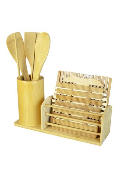 Bayev Bambu 9 Piece Ladle and Spoon Set with Stand 700626 - Wooden Spoon and Ladle Set