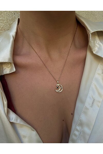 pop up store Zirkon Taşlı Hilal Detay Çelik Kolye