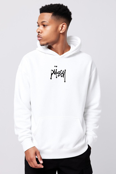 Rivox سويت شيرت أبيض للجنسين بغطاء رأس قصة فضفاضة Püshay مطبوع