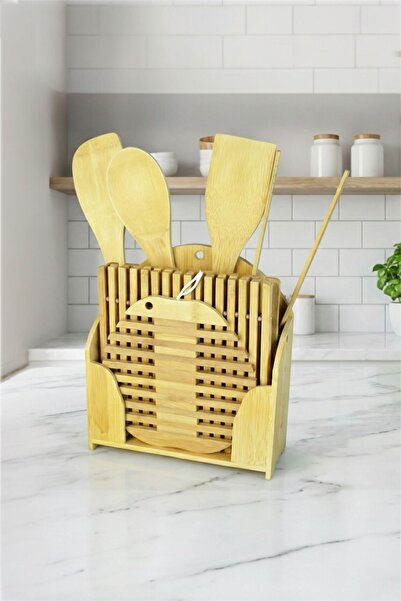 Bayev Bambu 9 Piece Ladle and Spoon Set with Stand 700625 - Wooden Spoon and Ladle Set