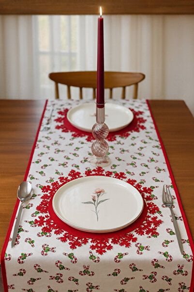 Mnara Yılbaşı Runner Kırmızı Beyaz Yeşil Yılbaşı Şeker 150-50cm