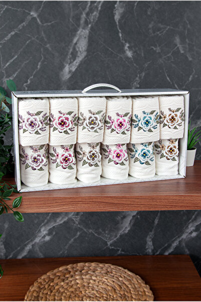 ihvan online 100% Cotton 3D Floral Embroidered 12-Piece Dowry Towel Set for Mother and Daughter 50X90 cm - 00030