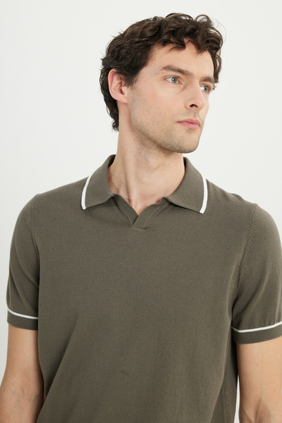 ALTINYILDIZ CLASSICS Men's Khaki 100% Cotton Standard Fit Regular Cut Polo Neck Knitwear T-Shirt